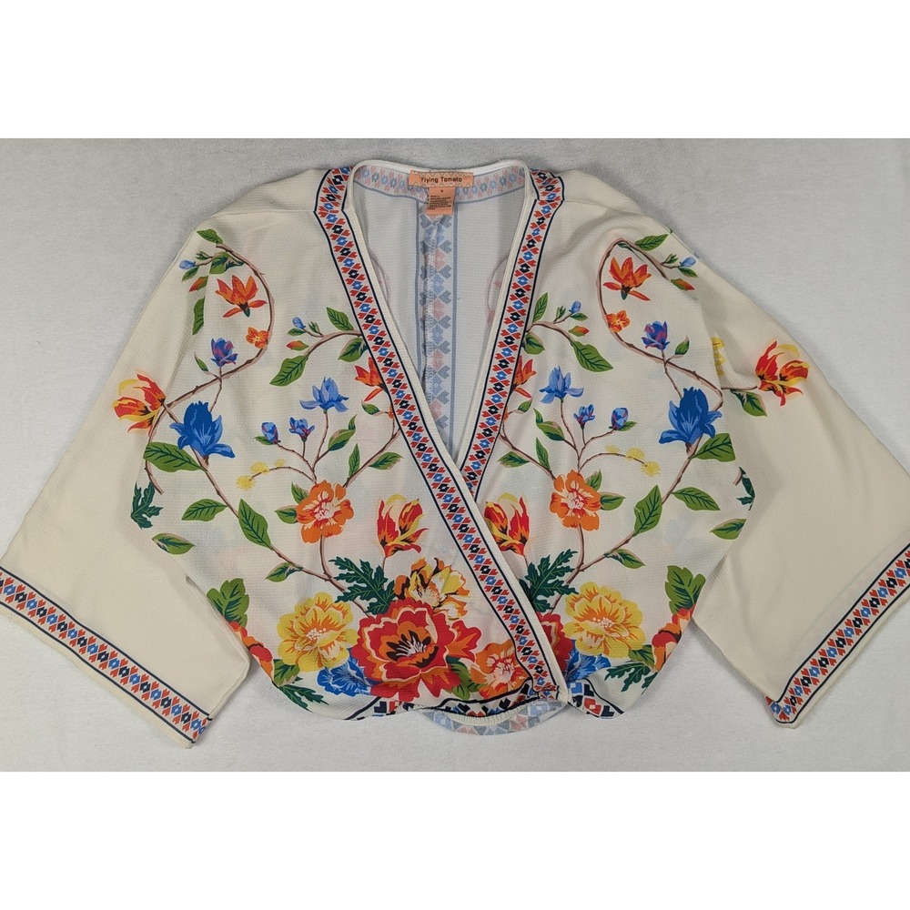 Flying Tomato Ivory‎ Floral Boho Faux Wrap Top V-Neck Kimono Sleeve Blouse Small